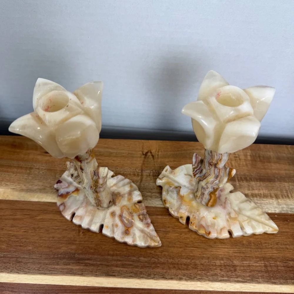 Vintage Onyx Marble Tulip Candlestick Holder Set Carved Stone Leaf Base 6